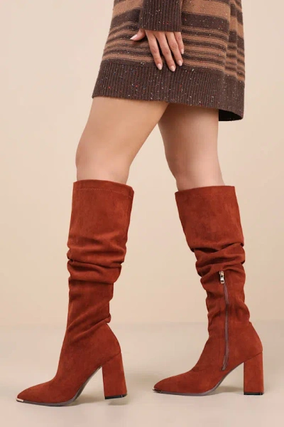 Lulus Bellwood Cognac Suede Pointed-toe Over-the-knee Boots In Brown