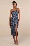 Lulus Beloved Belle Black Multi Jacquard Strapless Bow Midi Dress In Black