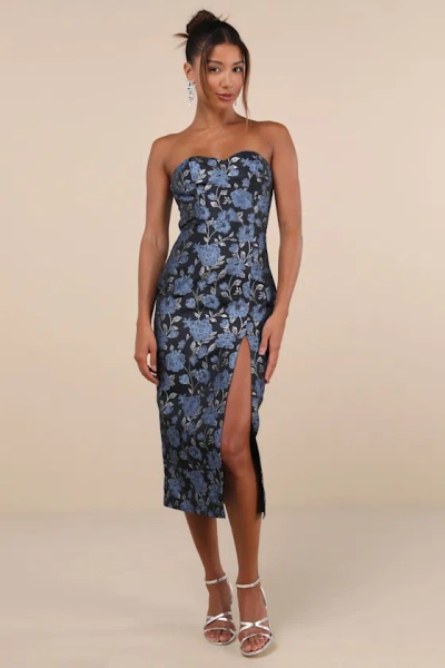 Lulus Beloved Belle Black Multi Jacquard Strapless Bow Midi Dress