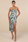 Lulus Beloved Belle Silver And Green Jacquard Strapless Bow Midi Dress In Grey