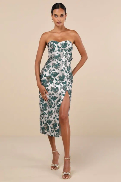 Lulus Beloved Belle Silver And Green Jacquard Strapless Bow Midi Dress In Grey