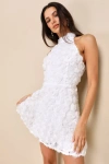 Lulus Beloved Blossoming White 3d Floral Halter Backless Mini Dress In White