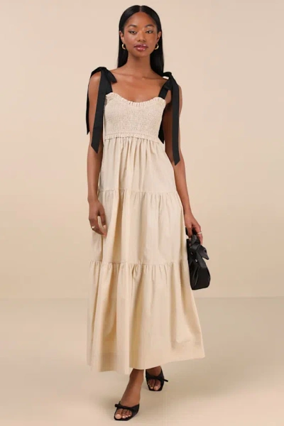 Lulus Bembe Beige Tie-strap Tiered Maxi Dress