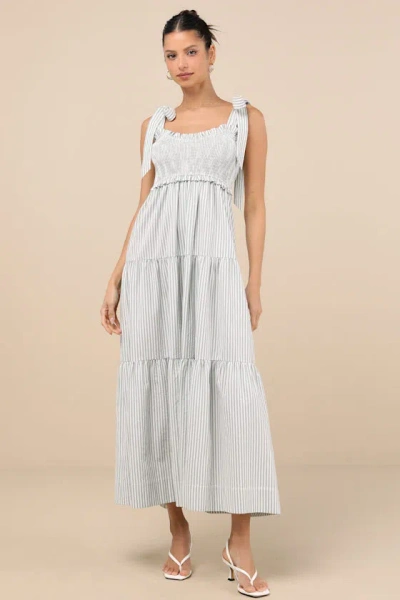 Lulus Bembe Sage Striped Tie-strap Tiered Maxi Dress In Green