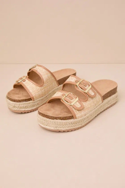 Lulus Benley Natural Woven Buckle Flatform Slide Sandals In Beige