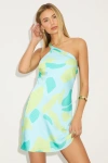 Lulus Betania Blue Multi Abstract Satin One-shoulder Mini Dress