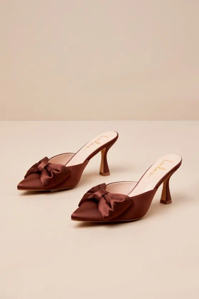 Lulus Bettanie Chocolate Satin Bow High Heel Mules In Brown