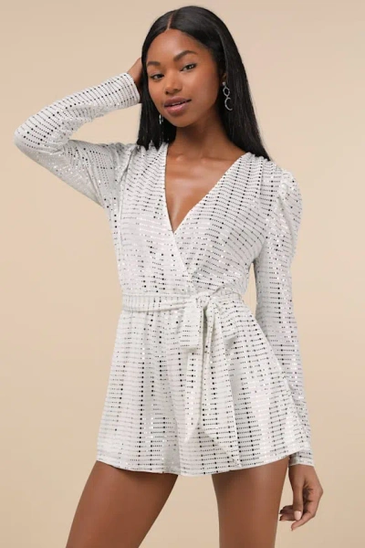 Lulus Bettie White Metallic Long Sleeve Romper