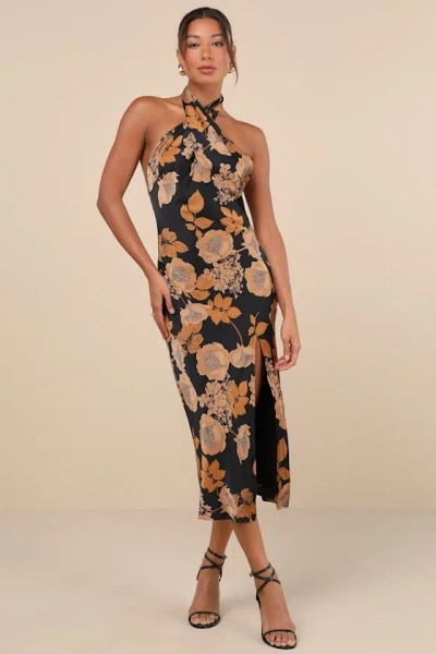 Lulus Beyond Classy Black Floral Satin Halter Midi Dress
