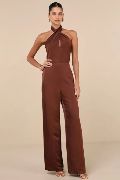 Lulus Beyond Classy Brown Satin Halter Wide-leg Jumpsuit