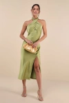 Lulus Beyond Classy Chartreuse Satin Halter Midi Dress In Green
