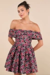 Lulus Beyond Darling Black Floral Jacquard Off-the-shoulder Mini Dress In Black