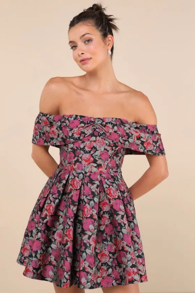 Lulus Beyond Darling Black Floral Jacquard Off-the-shoulder Mini Dress