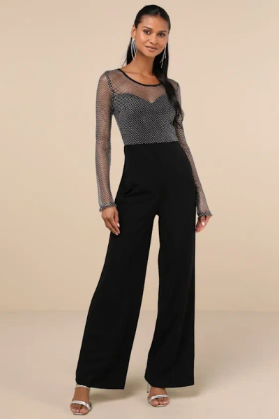 Lulus Beyond Glamorous Black Fishnet Rhinestone Jumpsuit