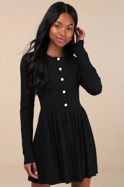 Lulus Beyond Sweet Black Pearl Pleated Mini Sweater Dress