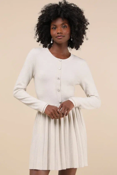 Lulus Beyond Sweet Heathered Beige Pleated Mini Sweater Dress