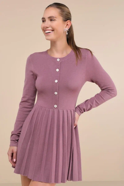 Lulus Beyond Sweet Purple Pearl Pleated Mini Sweater Dress