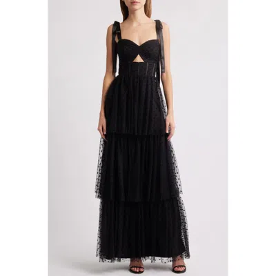 Lulus Billie Swiss Dot Tiered Maxi Cocktail Dress In Black