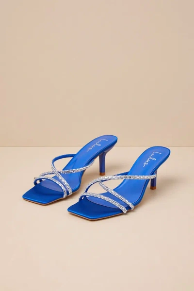 Lulus Birdine Sapphire Satin Rhinestone High Heel Sandals In Blue