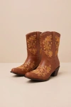 Lulus Birgitta Brown Embroidered Western Ankle Boots In Brown
