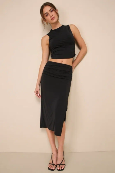 Lulus Blessed Babe Black Slinky Knit Ruched Two-piece Midi Dress