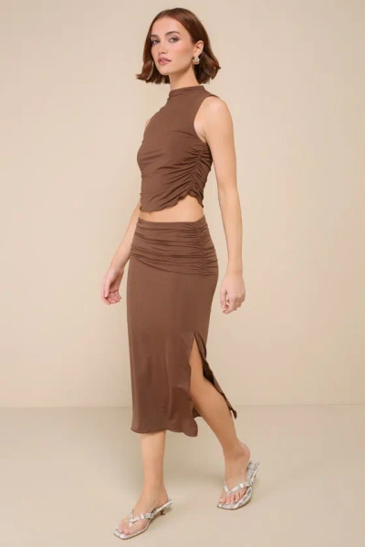 Lulus Blessed Babe Dark Brown Slinky Knit Ruched Two-piece Midi Dress
