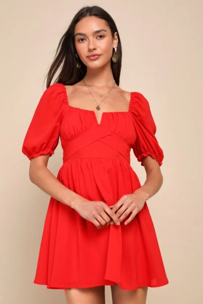 Lulus Blissful Charm Red Puff Sleeve Notch Neck Mini Dress