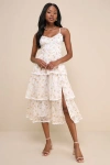 Lulus Blissful Delight White And Orange Tiered Ruffled Midi Dress In White And Orange
