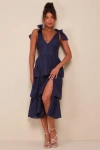 Lulus Blissful Direction Navy Tie-strap Clip Dot Bustier Midi Dress In Navy