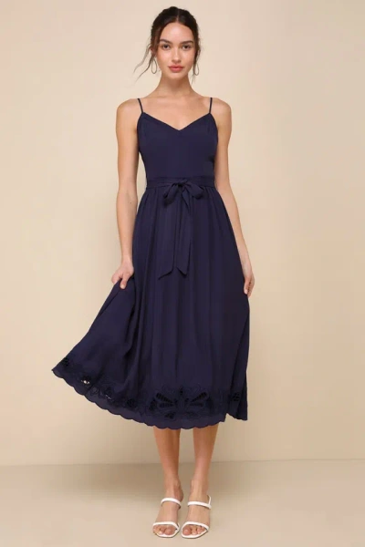 Lulus Blissful Ease Navy Blue Embroidered Sleeveless Midi Dress