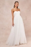 Lulus Blissful Forever White Tulle Lace Strapless Pleated Maxi Dress In White