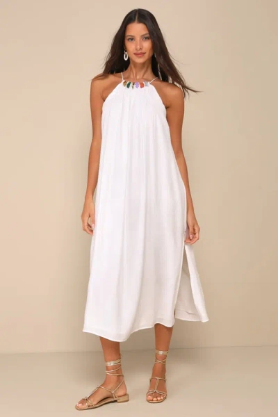 Lulus Blissful Icon White Textured Beaded Midi Shift Dress