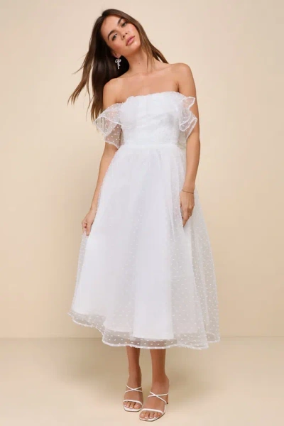 Lulus Blissful Ideal White Strapless Ruffled Swiss Dot Midi Dress
