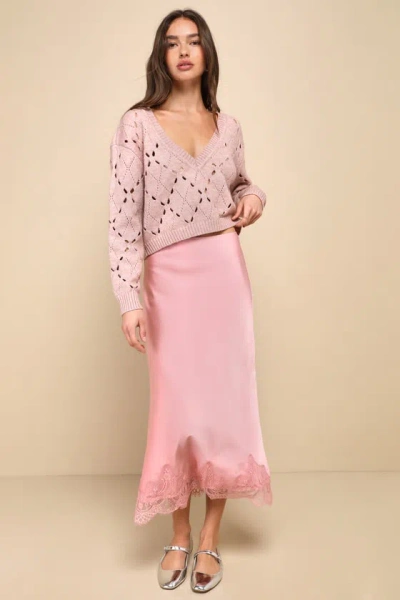Lulus Blissful Nature Blush Pink Satin Lace High-rise Midi Skirt