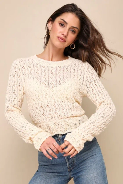Lulus Blissful Perfection Cream Pointelle Long Sleeve Peplum Sweater In White