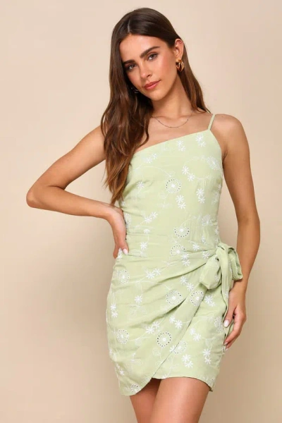 Lulus Blissful Persona Light Green Embroidered One-shoulder Mini Dress
