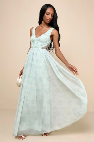 Lulus Blissful Poise Sage Green Floral Mesh Pleated Cutout Maxi Dress |  ModeSens