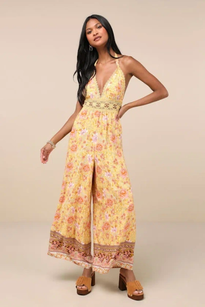 Lulus Blissful Presence Yellow Floral Crochet Lace Halter Jumpsuit