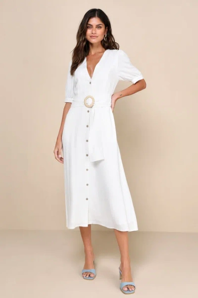 Lulus Blissful Simplicity White Puff Sleeve Midi Dress With Pockets