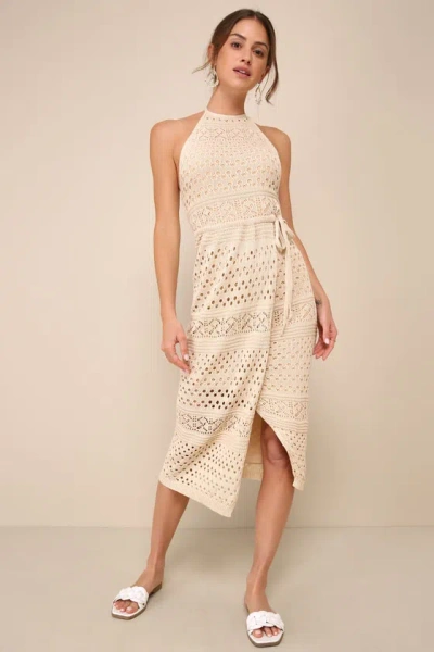 Lulus Blissful Strolls Beige Crochet Faux-wrap Halter Midi Dress In Neutral