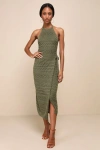 Lulus Blissful Strolls Olive Green Crochet Faux-wrap Halter Midi Dress In Olive Green