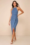 Lulus Blissful Strolls Slate Blue Crochet Faux-wrap Halter Midi Dress In Slate Blue