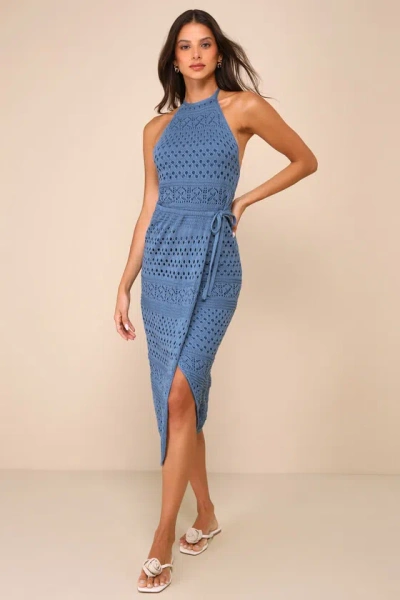 Lulus Blissful Strolls Slate Blue Crochet Faux-wrap Halter Midi Dress