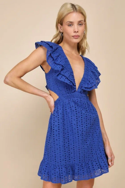 Lulus Blissful Sunshine Royal Blue Eyelet Backless Mini Dress