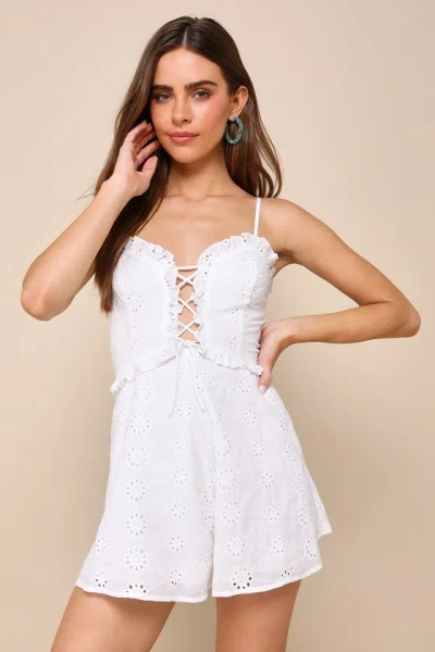 Lulus Blissfully Adored White Eyelet Embroidered Lace-up Romper