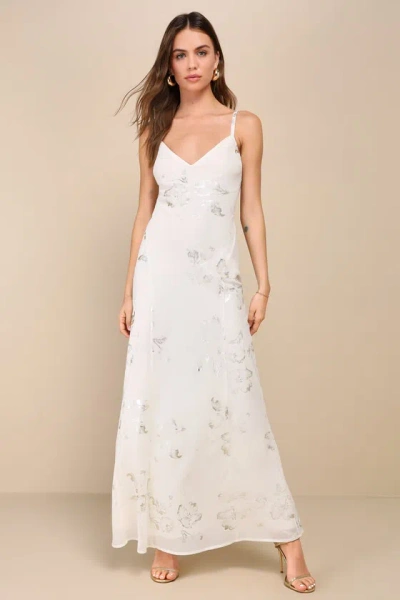 Lulus Blissfully Graceful Ivory Floral Metallic Backless Maxi Dress