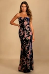 Lulus Bloom In Mind Navy Blue Floral Print Velvet Strapless Maxi Dress In Navy Blue