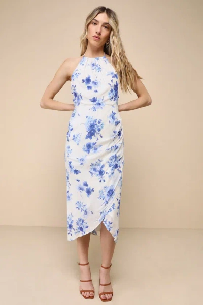 Lulus Blooming Favorite White And Blue Floral Tulip Halter Midi Dress
