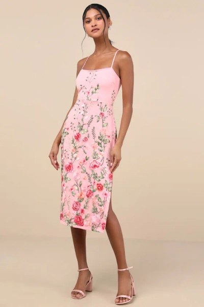 Lulus Blooming For Love Pink Floral Embroidered Midi Dress