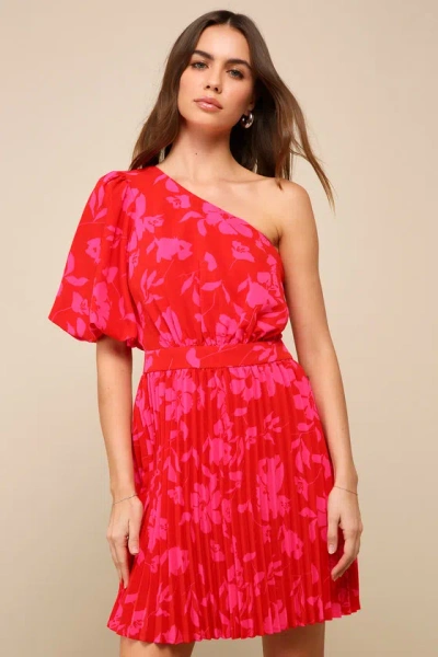 Lulus Blooming Summer Red Floral Pleated One-shoulder Mini Dress